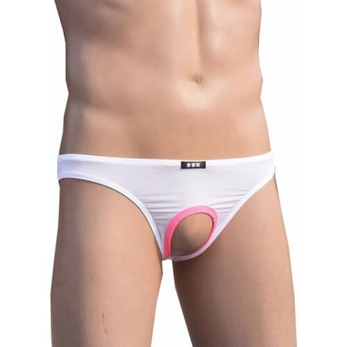 Penis Pouch Hole Hollow Out Briefs Men Sexy Lingerie Mens Silk Underwear Briefs Men Open Front Panties Fetish Tanga Underpants