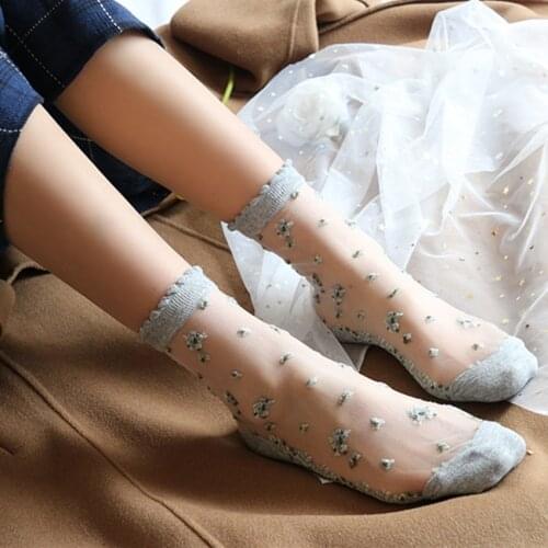 1 Pair Breathable Ultra Thin Socks Summer Women Transparent Lace Silk Crystal Rose Flower Girls Elastic Short Socks Female Sox