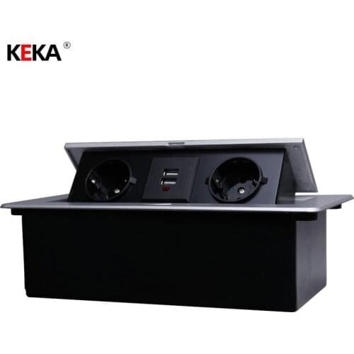 KEKA New Desktop Table Socket EU Standard DE Socket, With USB Charging Slow Pop-up Black Silver Aluminum Alloy Cover For Home