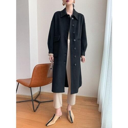 2021 New Autumn and Winter Korean Style High End Single Breasted Medium and Long Double Faced Cashmere Overcoat Tweed Overcoat