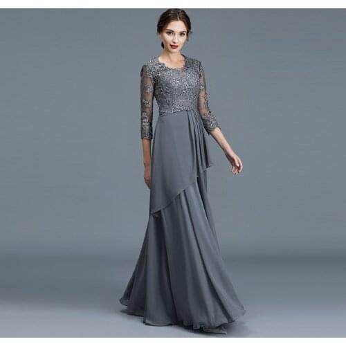 Wholesale Charming Gray Lace Bodice Beaded Mother of the Bride Dresses Three Quarter Sleeves V Neckline Wedding Party Gowns
