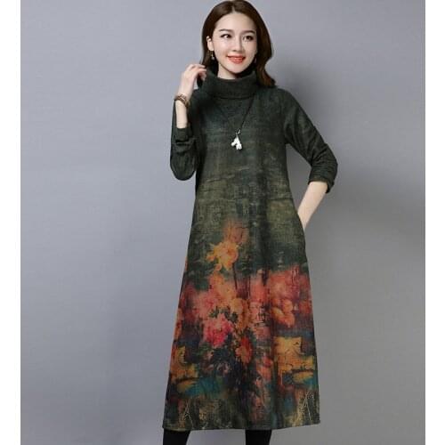 Autumn Winter Vintage Womens Wool Dress Long Sleeve Vintage Turtleneck Dresses Floral Printed Thick Pullover Midi Long Vestidos