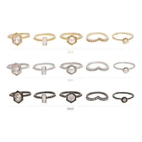 Five Different Patterns Simulated Pearl Crystal Clear Rhinestone Ring Women Silver Plated Golden Black Rings 5 pcs/set