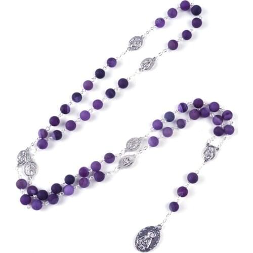 New Fashion Religious SEVEN SORROWS Religious Purple Natural Stone Beads Chain Rosary Necklace