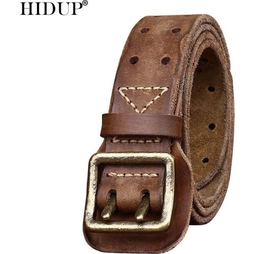HIDUP Unique Retro Styles Cowskin Leather Belt Brass Double Pin Buckle Metal Solid Cowhide Belts Jeans Accessories NWJ1081
