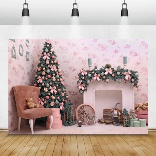Pink Backdrop For Photography Christmas XMAS Tree Fireplace Candle Wreath Baby Toys Carpet Interior Photo Background Photostudio