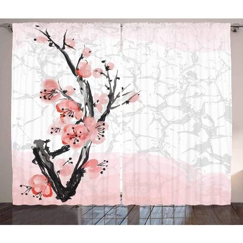 Floral Curtains Japanese Cherry Blossom Sakura Tree Branch Soft Pastel Watercolor Print Living Room Bedroom Window Drapes