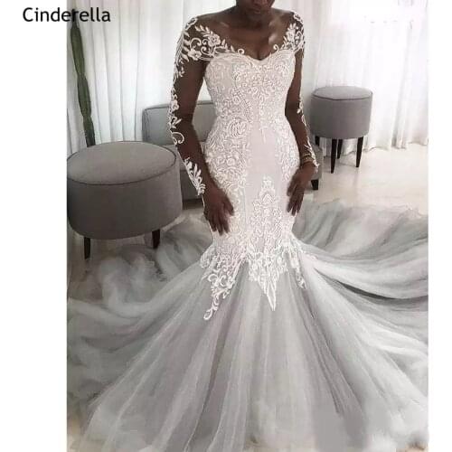 Wedding Dresses Long Sleeves V-Neck Mermaid Sweep Train Tulle Lace Wedding Dresses Zipper Back Bridal Gowns vestido de noiva