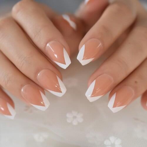 Nude Color False Press On Nails French White Border Nails Accessories Medium Coffin Artificial Nail