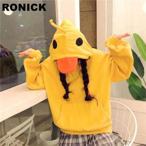 ROENICK Hoodies Sweatshirts Women Yellow Duck Pullovers Womens Hooded Sweatshirt Plus Velvet Thick Pocket Korean Loose Funny