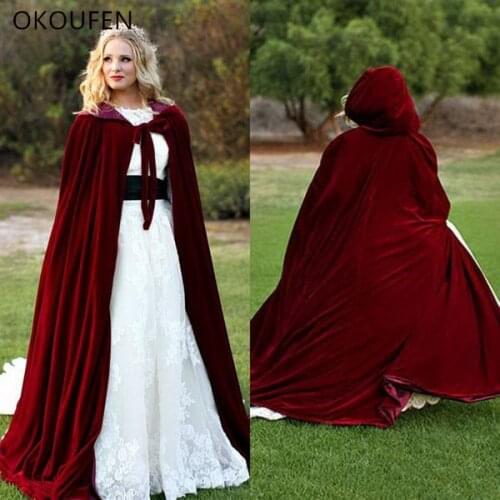 Velvet Wedding Jackets Vintage Cloak Capes Dark Red Women Long Bridal Coat Cap chaqueta Wedding Accessories Retro