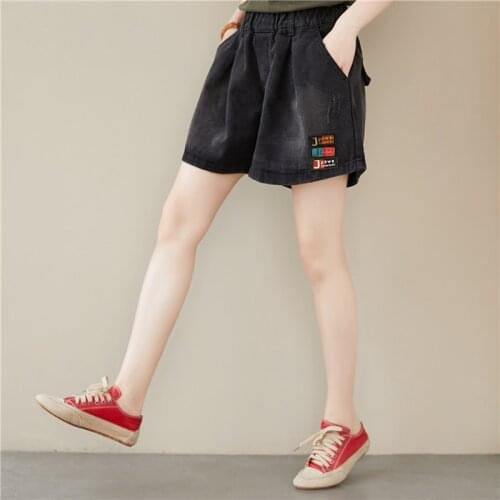 Womens Denim Shorts High-waist Shorts Female Casual Loose Ladies Fashion Plus Size Elastic Waist Wide-leg Patchwork Jeans Short