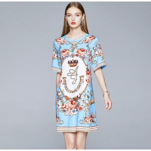 Runway Summer Fashion Luxury Floral Print Crown Short Sleeve Dress Womens Elegant Blue Loose A-Line Party Dresses k8171