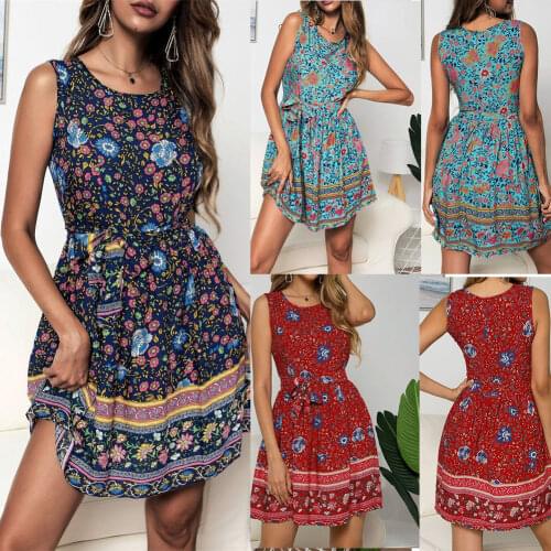 Women Printed Zipper Dress Round Neck Sleeveless Casual Loose Summer Beach Dress -OPK