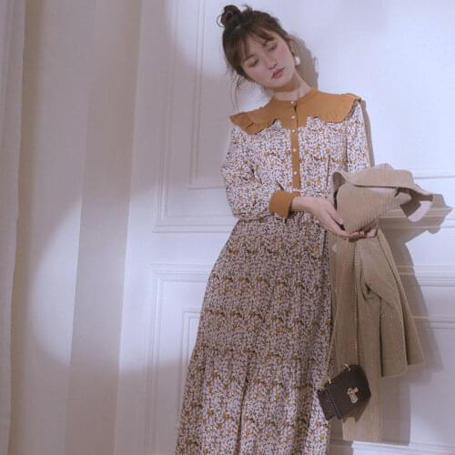 2021 Autumn New In Women Dress Flowers Printed Orginal Design Chic Floral Color Block Ruffles Long Sleeve Dresses Elegant Lady