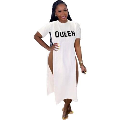 Women Dresses Summer 2021 Hot Recommend Style Queen Letter Printed Short Sleeve Vintage Casual Elegant Loose Midi Dress