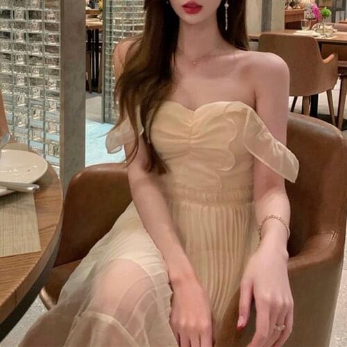 Off Shoulder Elegant Sexy Party Dresses Women Casual Korean Fahion Vintage Midi Dress Lady 2021 Sumemr Pure Color Y2k Dress