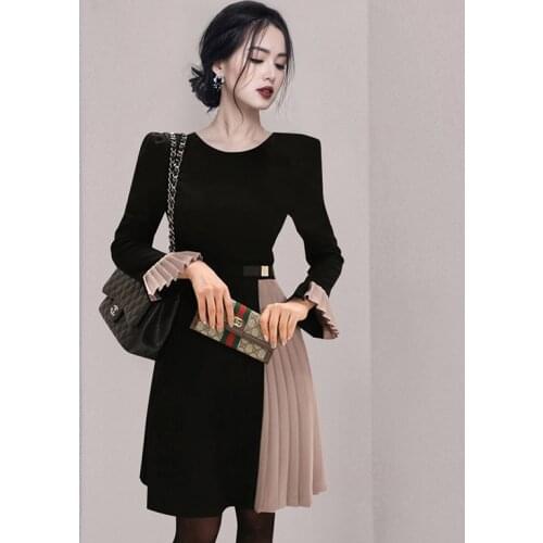 Women Dress Autumn 2021 New Office Lady Korea Style Long Sleeve Solid Flare Sleeve Panelled O-Neck High Waist Black Dresses Traf