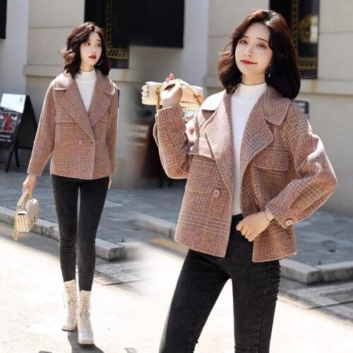 Casual Plaid Woolen Coat Female 2021 Autumn New Korean Fashion Suit Collar Loose Thick Ladies Short Wool Jacket Overcoat e162
