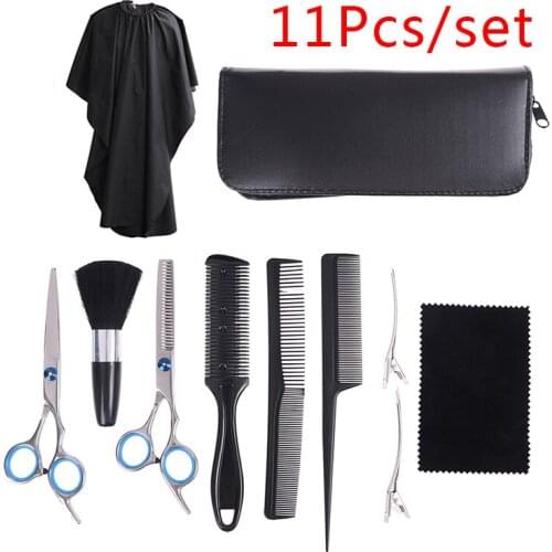 11Pcs Hair Cutting+Thinning Scissors ProHaircut Tools Barber Pouch Combs Hair Scissors Hairdressing Cape Clips For Salon Home