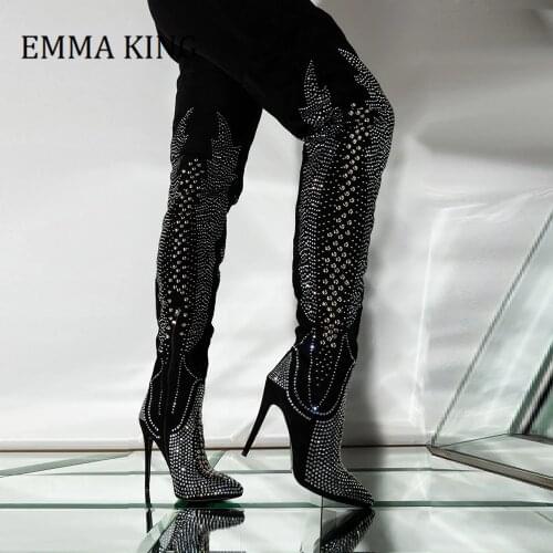 2020 Rhinestone Decor Suede Leather Boots Women Stiletto Heel Thigh High Boots Bling Bling Crystal Over The Knee Women Boots