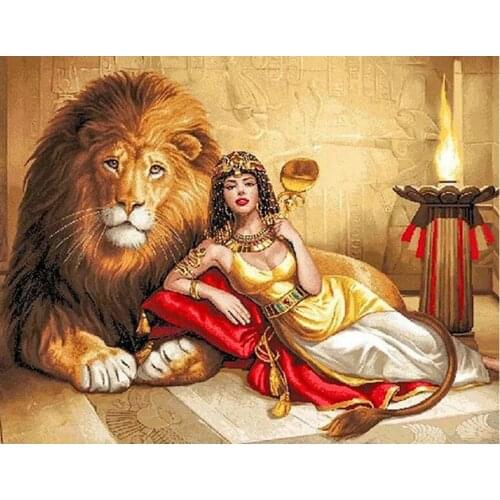 5D DIY Diamond Painting Full Square Round Drill Egyptian beauty and lion Diamond Embroidery Mosaic Rhinestone Home Decor AA2490