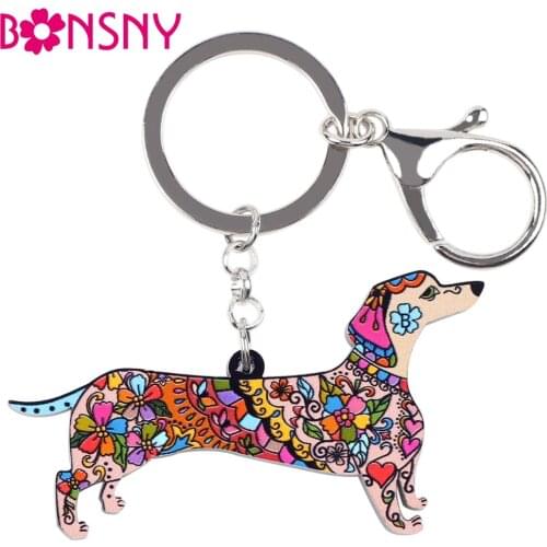 Bonsny Acrylic Statement Dog Jewelry Dachshund Chain Key Ring Pom Gift For Women Girl Bag Charm Keychain Pendant Jewelry