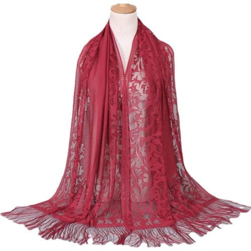 Hollow Scarf For Women Elegant Luxury Thin Wedding Tassel Shawl Female Islamic Wrap Headscarf Ladies Charming Lace Evening Scarf