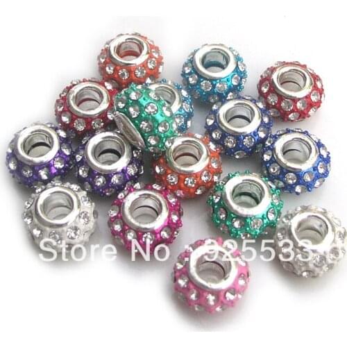 Free shipping 50pcs/lot mix color crystal rhinstone metal silver plated core big hole beads fit European DIY bracelet jewelry