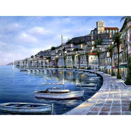 Free shipping Mediterranean coastal architecture boat seascpe oil painting canvas prints on canvas wall art decoration picture