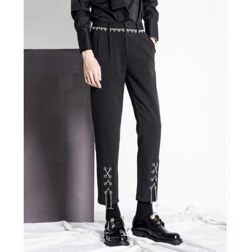 M-3xl Autumn And Winter Nine Points Small Trousers Mens Trend Metal Tassel Decoration Hair Stylist Nightclub Pants Costumes