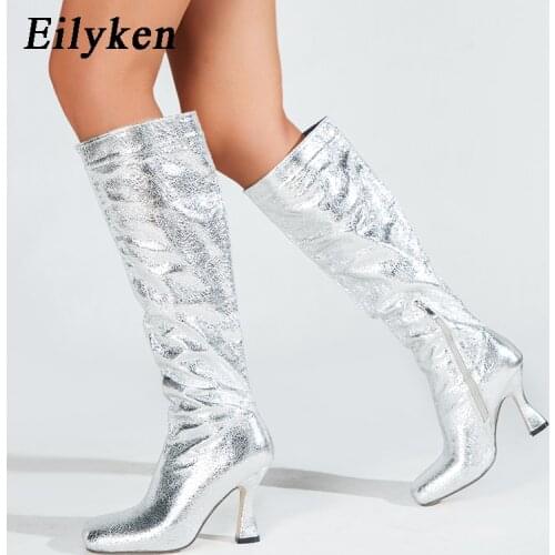 Eilyken 2022 New Knee-High Women Boots Fashon Square toe High heels Bling Patent Leather Boots Autumn Winter Boots Booties