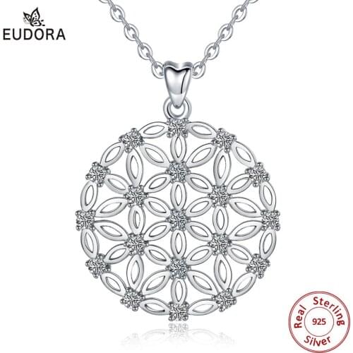 Eudora Sterling Silver Flower Of Life Pendant Necklace with Free Box Elegant Jewelry for Women Romantic Gift /Dropshpping D493
