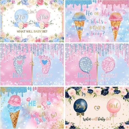 Mocsicka Boy or Girl Gender Reveal Backdrop Pink or Blue Gender Reveal Photography Background Balloon Flower Cake Table Decor