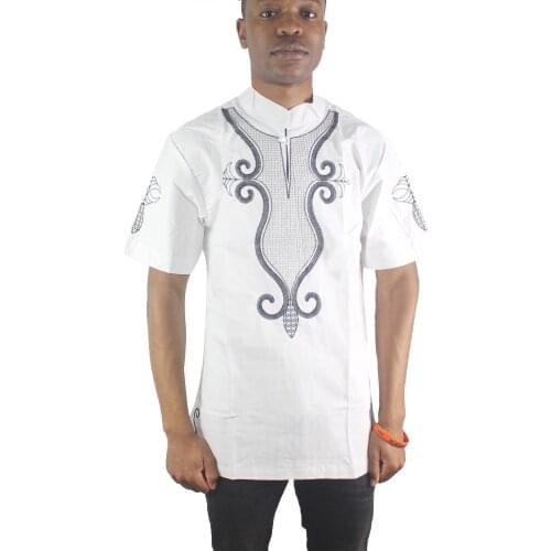 White Lucky Embroidery Men`s Ethnic Tops Collar Short Sleeved Muslim Shirts for Male Summer Wearing Футболка мужская
