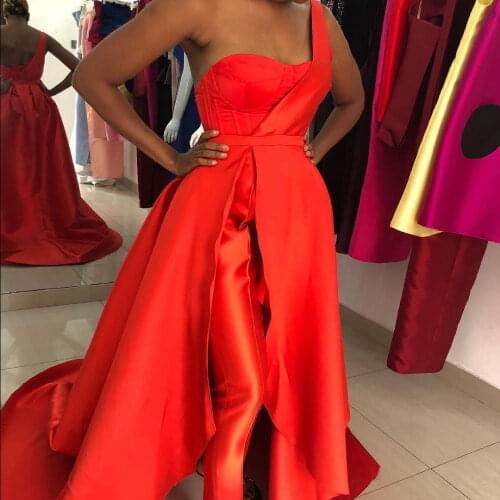 Red Women Jumpsuit With Detachable Overskirt One Shoulder Satin Evening Dresses Sweep Train Cheap Formal Party Gowns