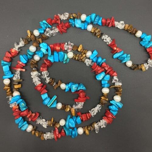 LJHMY Colorful Natural Pearl Chakra Crystal Tiger Eyes Coral Stone Reiki Gravel 120cm Long Necklace Bohemia Layered Necklaces