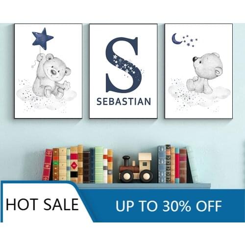 Bear Wall Art Canvas Painting Posters Personalized Name Prints Star Wall Decor Pictures For Nursery Nordic Boy Kids Room Decor