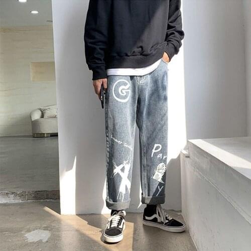 2021 New Straight jeans mens graffiti casual pants fashion loose Wide Leg pants Boys' Autumn square dance denim mens clothing