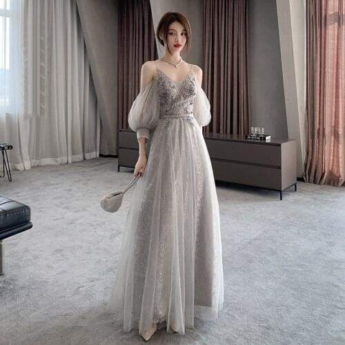 New Fairy Evening Dress Temperament Bridesmaid Dress Lantern Sleeve Formal Party Dress Gray Spaghetti Strap Banquet Dress 3XL