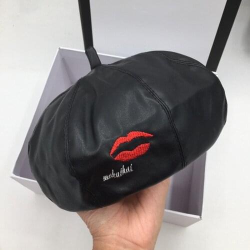 New beret female qiu dong han edition joker red lip embroidery dome leather pumpkin hat anise painter cap