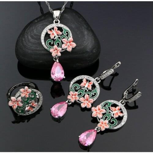 925 Sterling Silver Bridal Jewelry Set For Women Pink Enamel CZ Flower Drop Earrings Ring Pendant Necklace