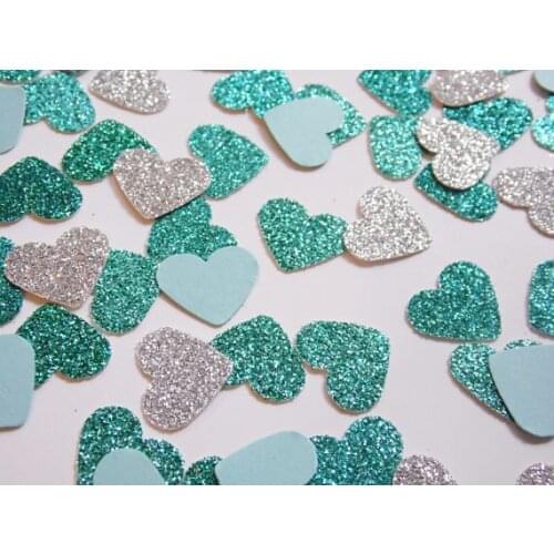 Silver and Teal Glitter Heart Confetti, Wedding Reception Table Scatter Bridal Shower Decorcf Table decor scrapbook Confettis