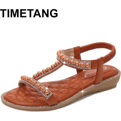 TIMETANGNew Summer Fashion Womens Comfortable Sandals Ladies Peep-toe Sandals Slip-on Flat Casual Shoes Pearl Female Sandalias