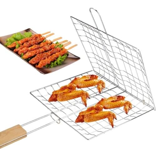 Foldable BBQ Grill Mat Reusable Grill Mesh Stainless Steel Meat Fish Clip Holder Grilling Basket Barbecue Grilling