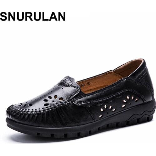 SNURULAN New Summer Womens Casual Shoes Real Leather Woman Flats Handmade Female Loafers Mother Boat Shoe Breathable Single