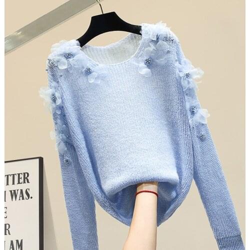 Spring Autumn New Retro Knit Sweater Womens Long-sleeved Mori Female Kawaii Soft Sister Blue Female Sweater Loose Student Tops