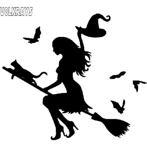 Volkrays Fashion Car Sticker Witch on Flying Broom Fun Car-styling Accessories Reflective Sunscreen Vinyl Decal,16cm*18cm