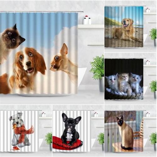 Funny Cat Dog Shower Curtain Set Cute Animals Chihuahua 3D Printing Modern Waterproof Fabric Bathroom Decor Screen Bath Curtains