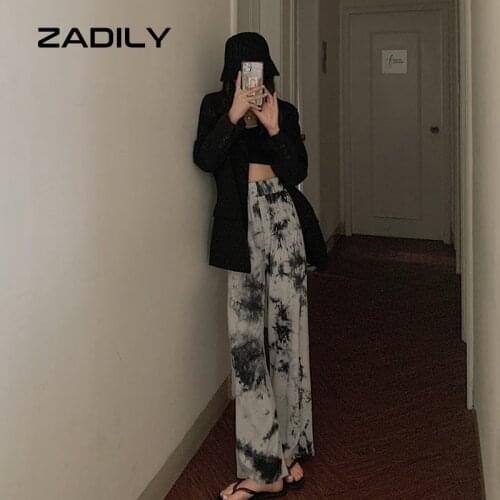 ZADILY Y2K Street Sytle Elastic Waist Straight Pants Harajuku Tie dye Printing Cotton Women Long Pant 2021 Summer Trousers